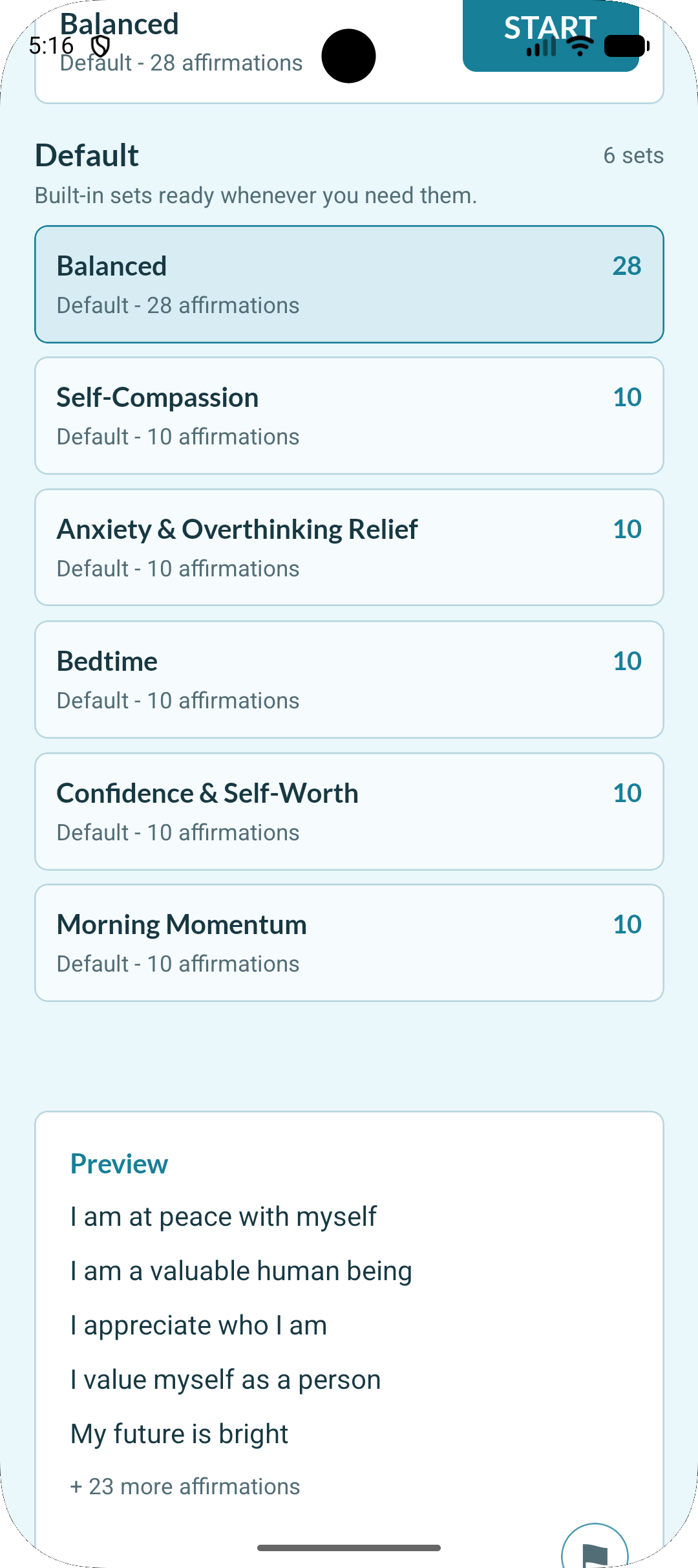 Affirmation set selection screen