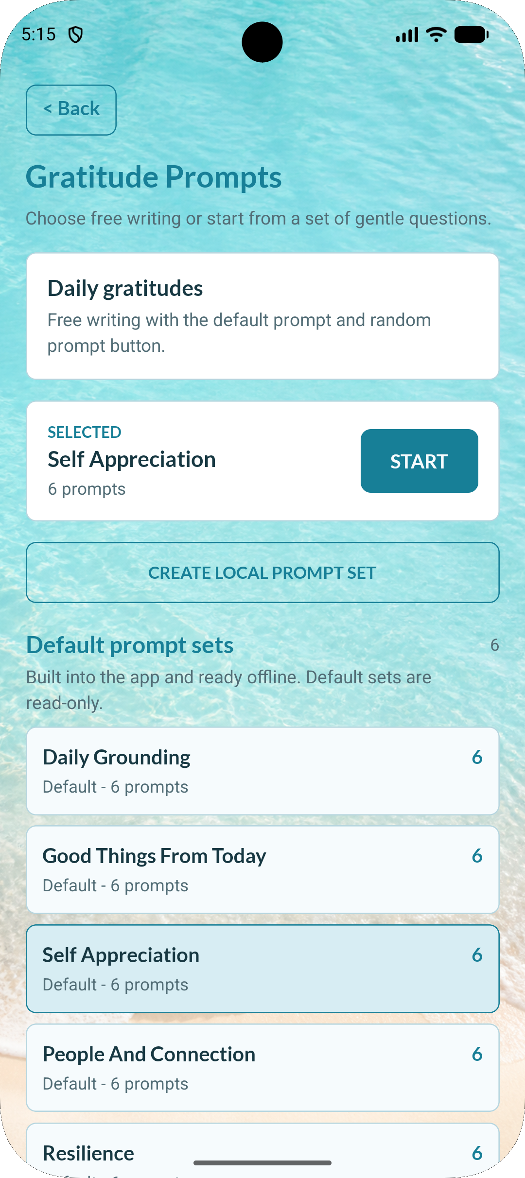 Gratitude prompt selection screen